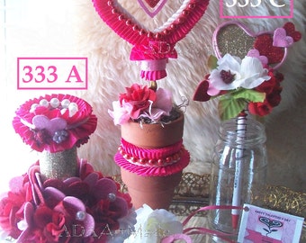 Valentine Floral Arrangement Topiary Pen Holder or Accent Choice of 3 starting at 12 USD~Unique for Office Desktop or Home~Hearts & Flowers