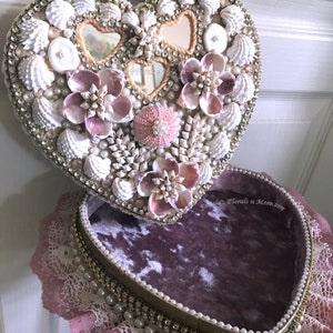 Ornate Heart Box Unique Shell Art Flowers Rose Velvet Interior Fancy Jeweled Lace Glitz-Functional Pearl Core Sailors Valentine Heart Box