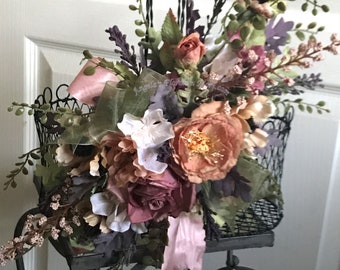 Silk Floral Arrangement Muted Victorian Buffet Basket Functional Centerpiece-CottageCore Farmhouse Flower Arrangement on Vintage Wire Basket