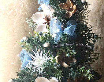 Coastal Tree Arrangement Light Blue SeaShell Flower Mix Sparkly Air Plants Starfish-Shell Christmas Tabletop Tree-Unique Tree Seaside Winter