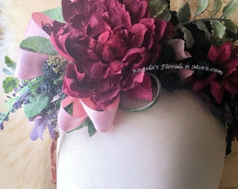 Floral Hair Wreath Crown-Flower Girl Bride Headband Headpiece Boho Chic-Boysenberry Faux Dahlia Blue Black Raspberries Pink Bow Headdress