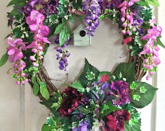 Wisteria Garden Wreath Made to Order Silk Floral~Spring Summer Birdhouse Cascade Wreath~Indoor Front Door Wreath~Cottage Purple Pink Marsala