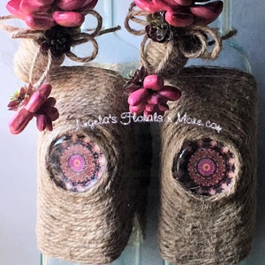 Succulent Art Bottle PAIR Pink + Brown Green Southwest Mexicali Art from Art Mandalas-Mixed Media Bottles Corked Handmade Up Cycled Father&#39;s