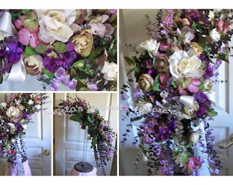 Cascading Bridal Bouquet XL 28 x24 x14 Victoria Feel Crescent Shape Duo Swag~READY to SHIP Floral Wreath~Boho Wedding~Ultra Violet Mauve Mix