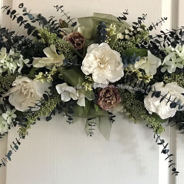 Floral Eucalyptus Swag Shades of White Green Plum 175 USD Custom Made Easy U PICK Style Type Color-Tear Drop Silk Dry Wreath-Wedding Swags