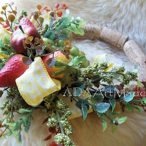 Country Gingham Market Wreath Accent, Strawberries Apples Corks, Hutch or Table Wreath, Fake Fruit Artificial Greens, Red Rust Olive Yellow