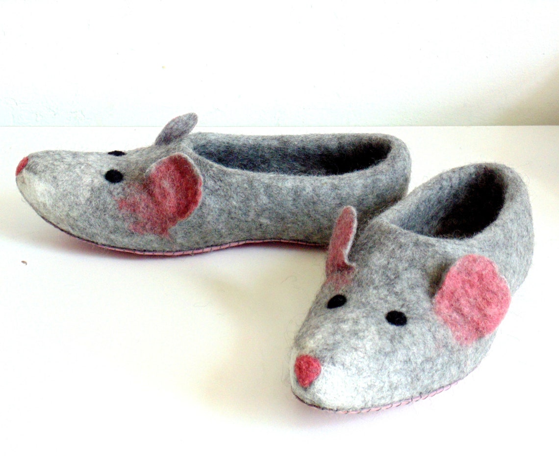 Felted slippers mouse rat slippers with soles eco-friendly | Etsy