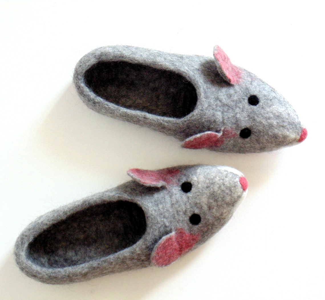 Felted slippers mouse rat slippers with soles eco-friendly | Etsy