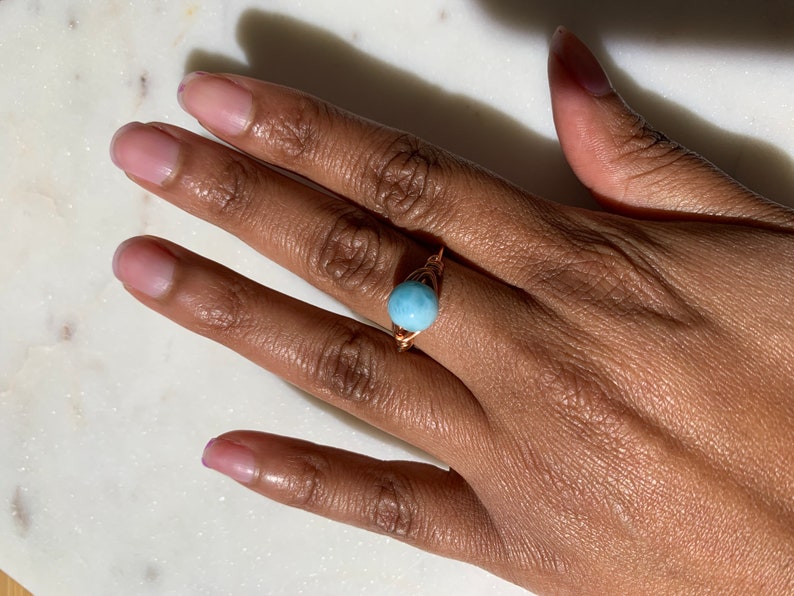 Dominican Republic Custom Larimar Ring Wire Wrapped with Copper