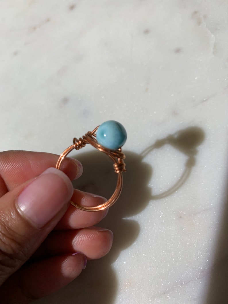 Dominican Republic Custom Larimar Ring Wire Wrapped with Copper