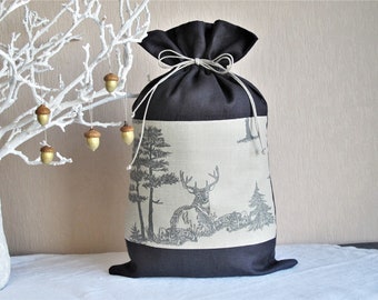 Nordic style Christmas gift bag gift pouch Insign blue, Deer, Linen, Winter Wonderland themed