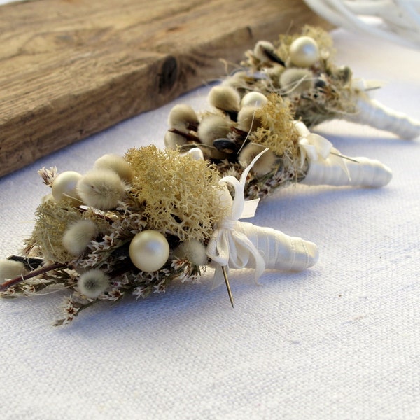 Set of three Rustic Boutonnieres Pussy willow preserved moss Groom Groomsmen Woodland Weddings man's accessory Spring Wedding ivory