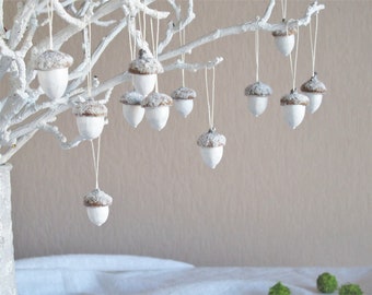 White snowy acorns Acorn ornaments Real Acorns Christmas tree ornament  Christmas gift wrap embellishment