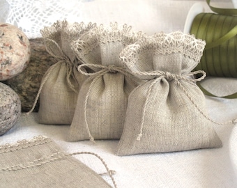 10 pcs 3x4 inch Lace edged small linen bags sachets gift bags Showers  favors, Gray White