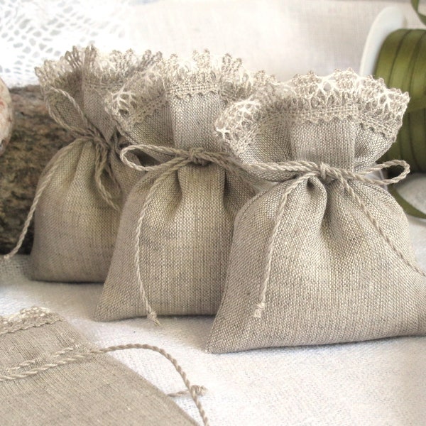 10 petits sacs en lin, 3 x 4 pouces, bords de dentelle, sachets, sacs cadeaux, cadeaux de douche, gris blanc