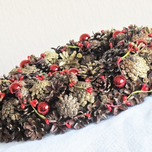 Winter Christmas wreath  - Wall decoration - Door wreath - Pinecone art,  Brown Red White
