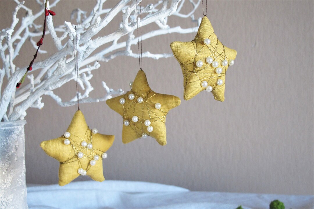 Three Christmas Stars Mustard Yellow Textile Ornaments Etsy