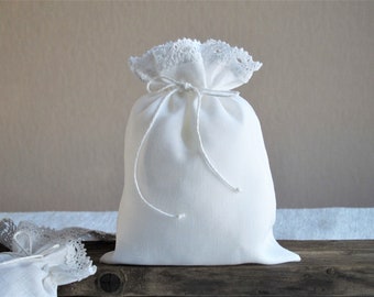 10 pcs 6x8'' Linen bags with laced top, favor or packaging bags Wedding Shower, White