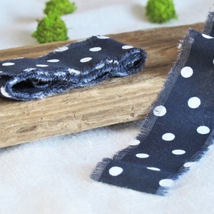 Nastro di cotone a pois blu e bianchi con frange, strappato a mano, ritagli di tessuto per lavori artigianali, pezzo, 1,5 x 54''