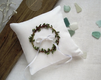 Coussin rustique pour porteur d'alliances, coussin de mariage en lin, blanc et vert