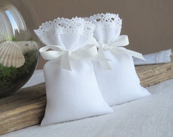 White Linen Favor Bags with lace edge and ribbon ties: Sachet Gift Bags (3x5/4x6 inch) set of 10