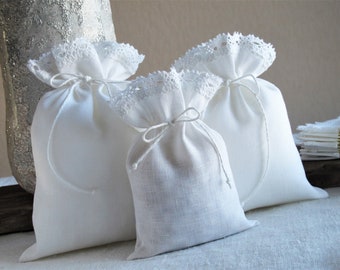 10 pcs 4x6'' Linen bags with laced top, favor or packaging bags Wedding Shower, White