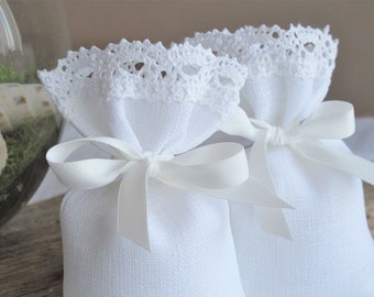 3x5'' Favor bags with  ribbons, Linen sachets Gift Bags for seeds flowers Candies Christening Weddings Showers, White, size 3x5''