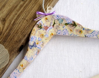 Decorated Wooden clothes hanger Decoupaged hanger Spring themed Floral Apple blossoms pastel violet