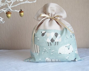Sheeps / Linen & cotton gift bag gift pouch Beige Blue