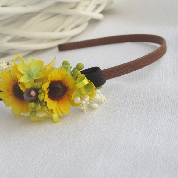 Headband - Floral hair accessory -  Flower Girl -  Summer festive -  Flowers for hair - Sunflowers - Brown&Yellow