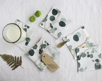 Drink coasters from floral print Linen fabric, White & Green, Eucalyptus leaves, set of 4