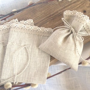 10 pcs/ensemble 3 x 4 pouces petits sacs en lin bordés de dentelle avec corde en lin attachée, sachets sacs cadeaux Cadeaux de douche, gris blanc