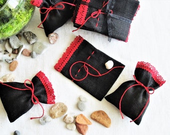 10 pcs 3x4,5 inch Lace edged small linen bags sachets gift bags Showers  favors, Black & Red