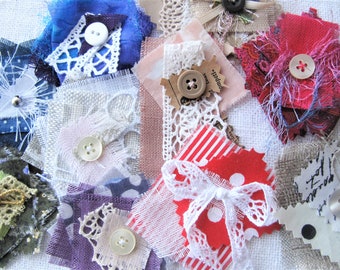 10x assorted embellished fabric snippets scrapbook or Junk journal supply fabric applique, clusters