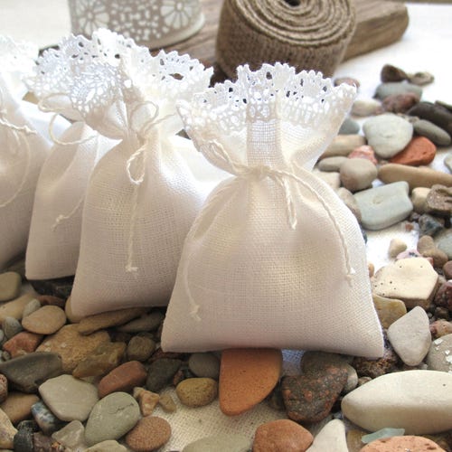 70-150 pcs 3x4 pouces petits sacs en lin bordés de dentelle sachets sacs cadeaux Cadeaux de douche, blanc