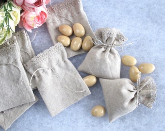 10 pcs Lace edged, wrinkled linen bags for sachets gift bags Showers  favors, Gray