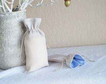 Two Linen drawstring bags gifts - storage - favors - packaging , sand& blue, size 10x20 cm