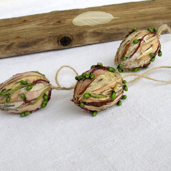 Easter decoration, Natural home decor, Easter tree ornaments, Birch bark eggs,  set of 3
