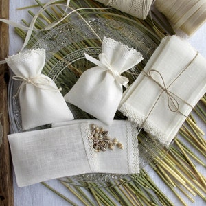 10 pcs/ensemble Petits sacs en lin - sachets - sacs cadeaux en tissu - sacs de bonbons - cadeaux de douche nuptiale, ivoire, 3 x 5 pouces