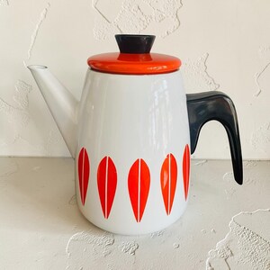 Cathrineholm Lotus White and Orange Coffee Pot Enamelware, Grete Prytz Design