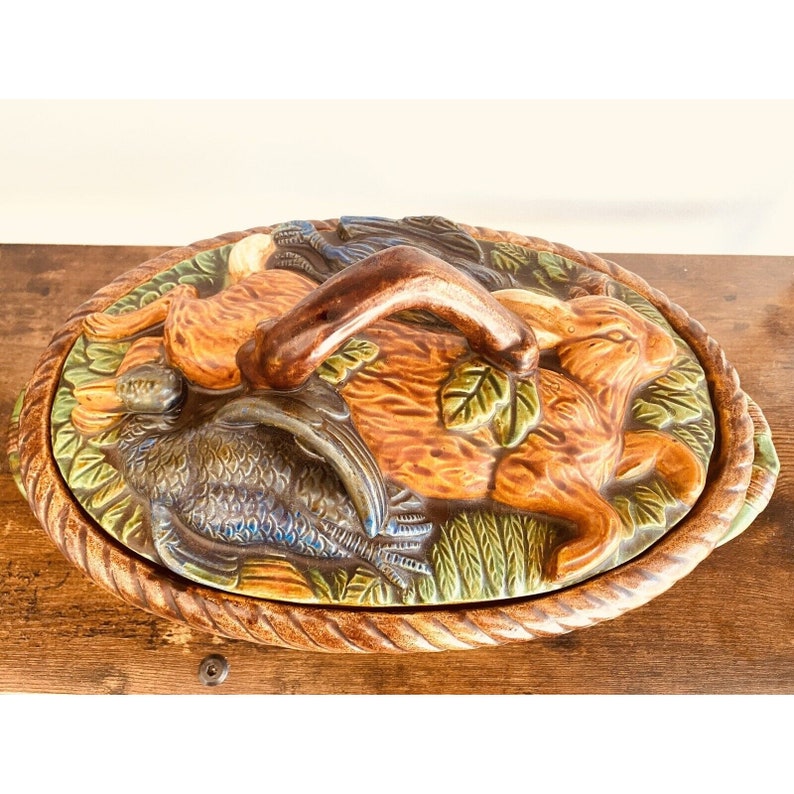 Vintage Majolica Game Pie Dish Hare Rabbit Duck Ceramic With Etsy