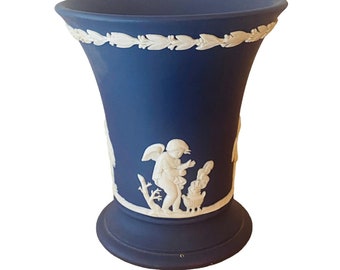 Wedgwood Dark Blue Jasperware Vase 1960s  English Neoclassical Angel 4 Inch Rare
