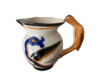 Vintage Artistic Ceramic Pitcher With Bird Handle 5.5 Inch High Summer Table Decor Water Pitcher Nature Tabletop