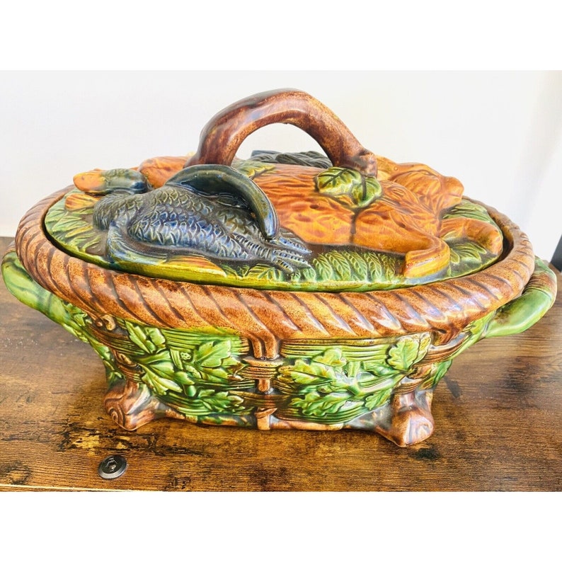 Vintage Majolica Game Pie Dish Hare Rabbit Duck Ceramic With Etsy