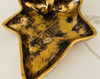 Stangl 22 Kt. Gold Leaf Shape Dish With Finger Holder Mid Century Modern Style