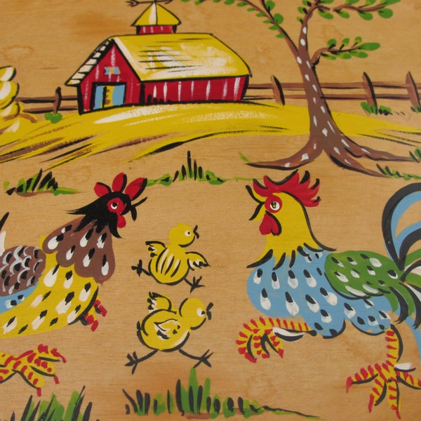 Vintage wooden kitchen platter / plate with rooster,tray, hen and chicks, barn, farm, wall art, decor, country kitchen barnyard