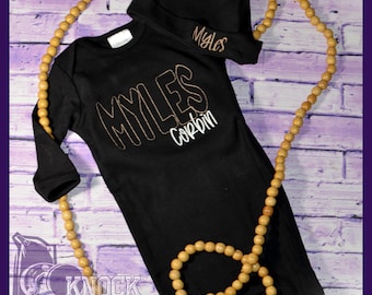 Personalized Baby Boy Coming Home Outfit: Embroidered Gown & Hat