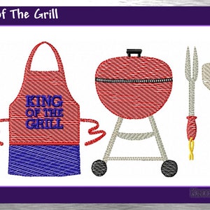May include: Red and blue embroidered apron with the text "King of the Grill".  A red grill with a black handle and wheels. A red spatula and a red fork with yellow handles.