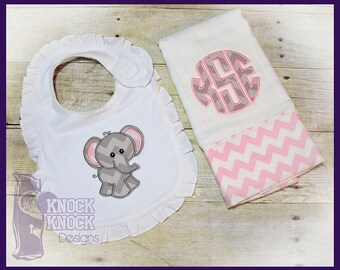 Personalized Baby Elephant Appliqued Bib & Burp Cloth SET