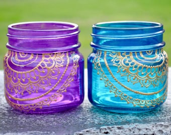 Hand-Painted Mason Jar Lantern: Bohemian Gold Henna Decor